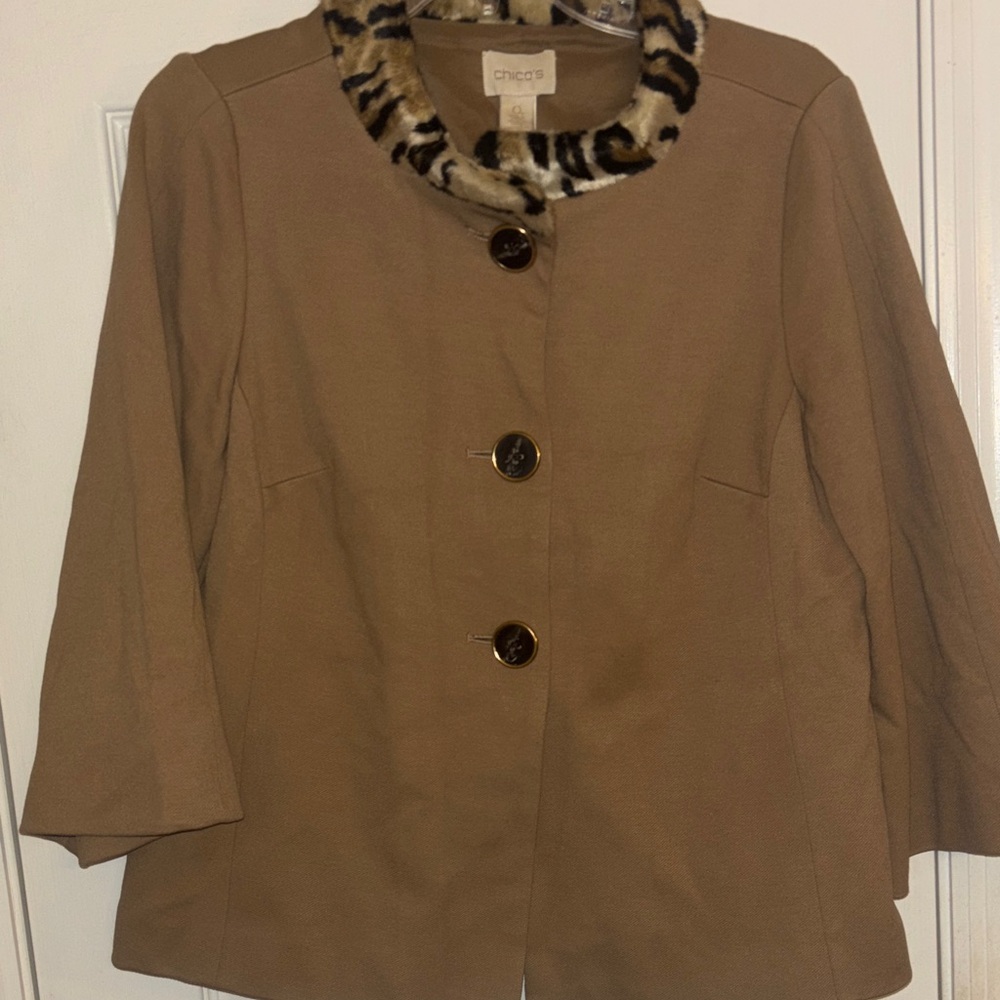 Chico's Tan Jacket with Leopard Print Collar size 0
